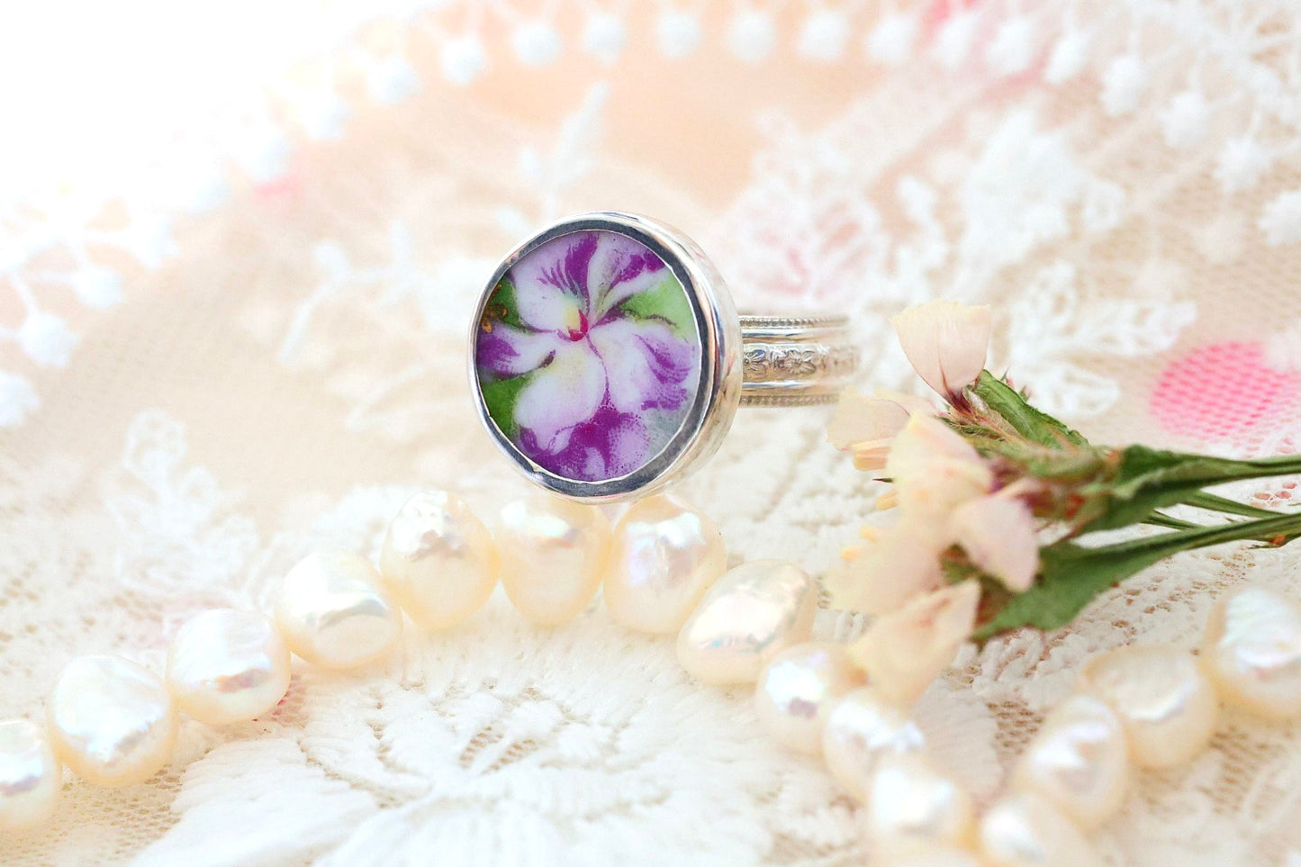 Sterling Porcelain Ring- Size 8