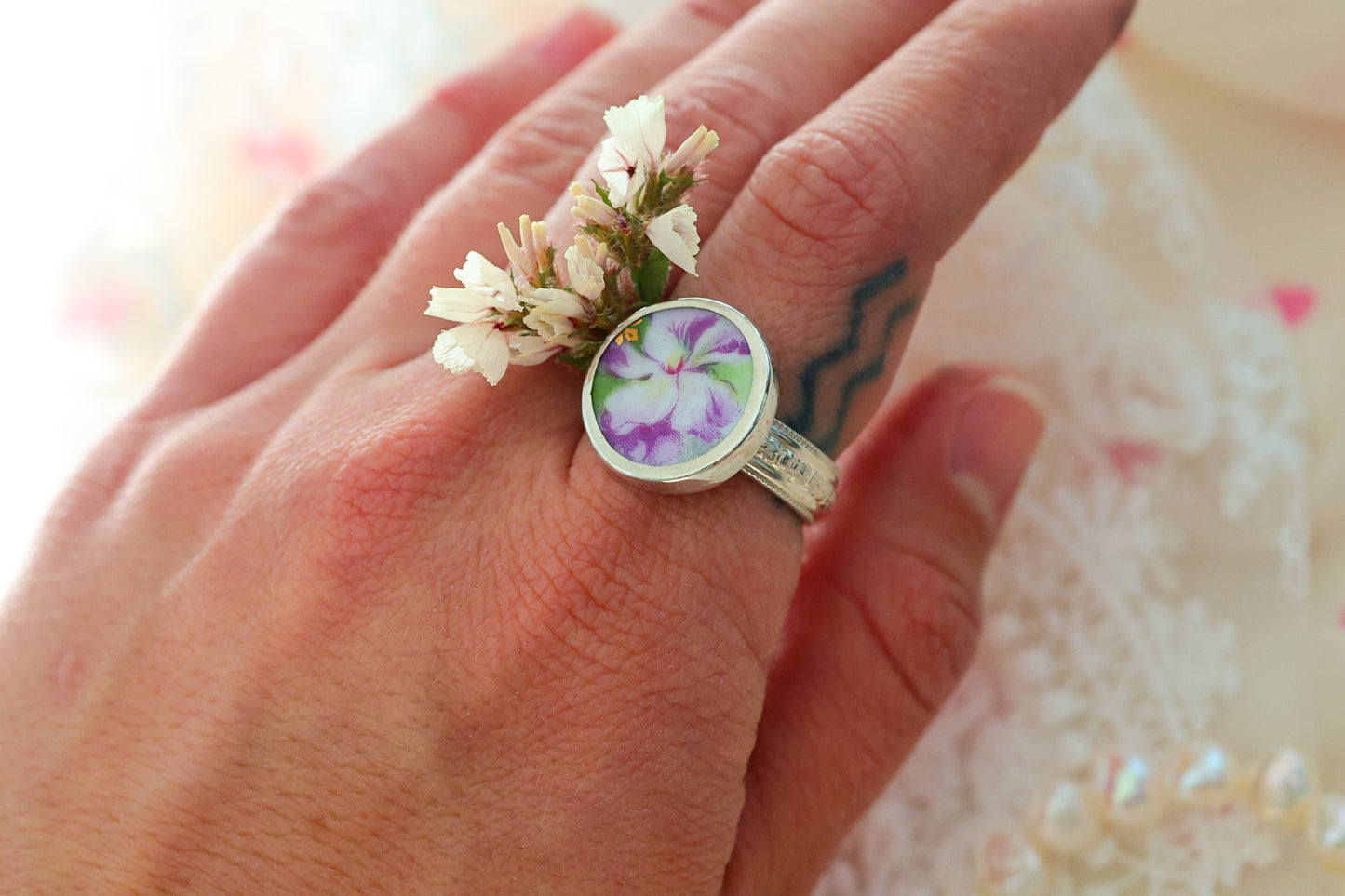 Sterling Porcelain Ring- Size 8