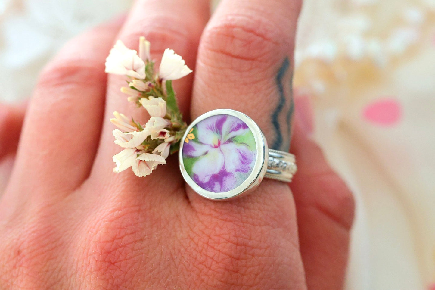 Sterling Porcelain Ring- Size 8