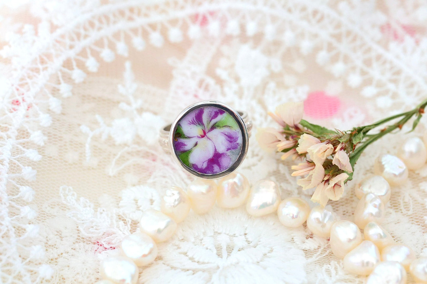 Sterling Porcelain Ring- Size 8