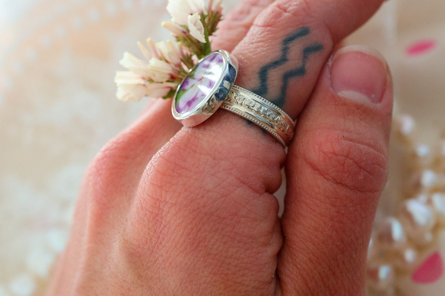 Sterling Porcelain Ring- Size 8