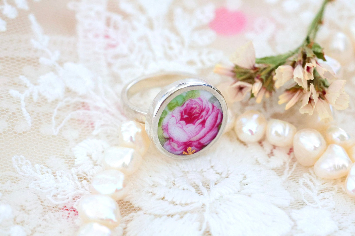 Sterling Porcelain Ring- Size 7.5