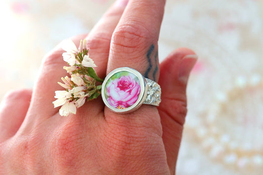 Sterling Porcelain Rose Ring- Size 8